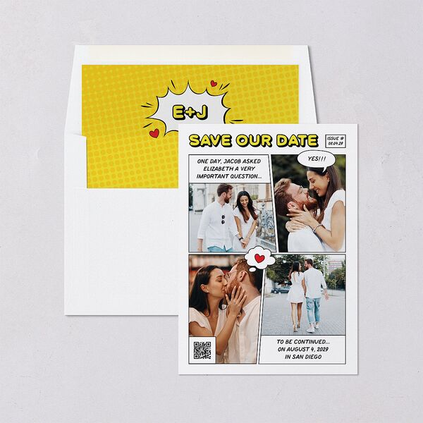 Comic Book Love Story Save the Date Cards Citrus Signature smooth Blank No Standard
