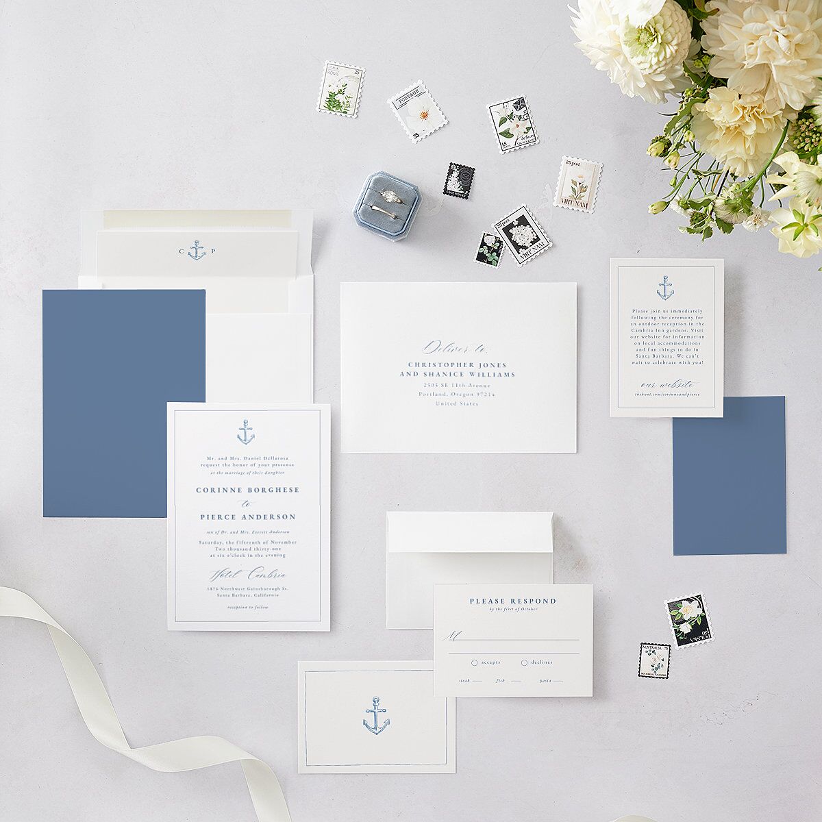 Minimal Icon Wedding Invitations Regency Blue Signature Blank No Standard