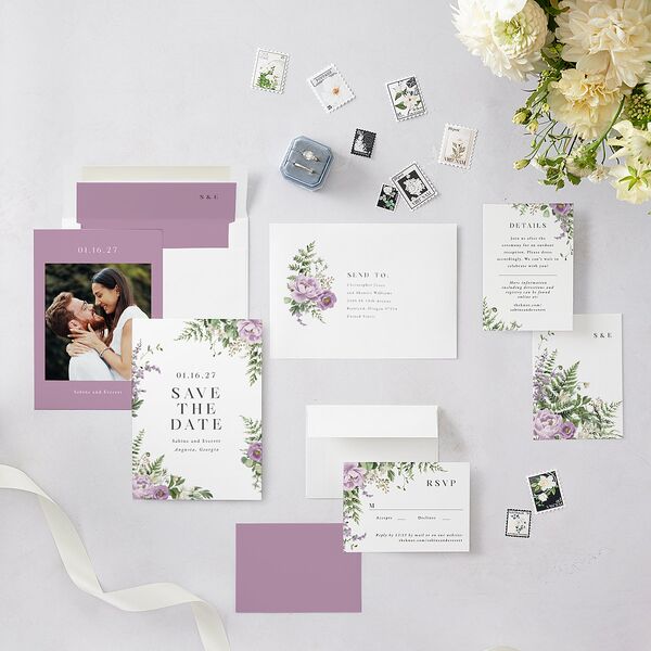 Floral Fern Frame Save the Date Cards Purple Petal Signature smooth Blank No Standard