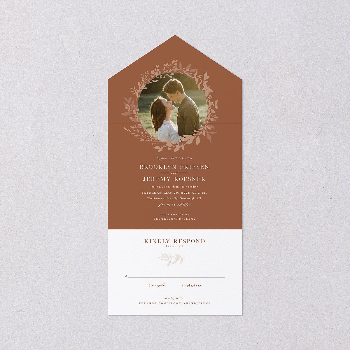Shining Wreath All-in-One Wedding Invitations Terracotta Signature Light Both Recipient and Return Addresses No