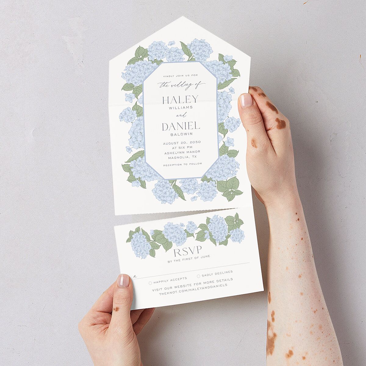 Vintage Hydrangea Frame All-in-One Wedding Invitations Dusty Blue Signature Light Both Recipient and Return Addresses No