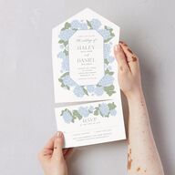 Vintage Hydrangea Frame All-in-One Wedding Invitations Dusty Blue Signature Light Both Recipient and Return Addresses No