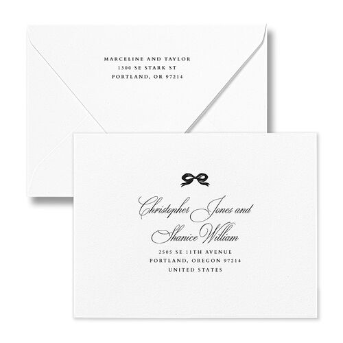 Classic Champagne with Bows Thank You Card Euro Envelopes White Midnight Both Recipient and Return Addresses Luxe Signature