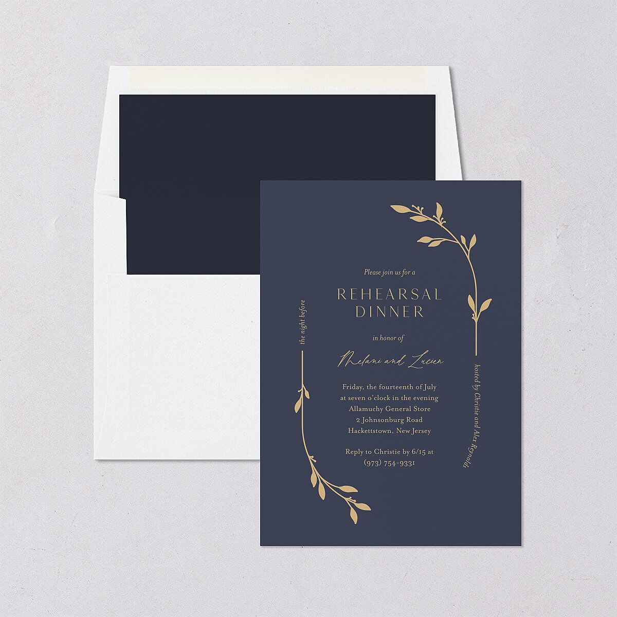 Gilded Sprigs Rehearsal Dinner Invitations Moody Blue Signature Blank Standard