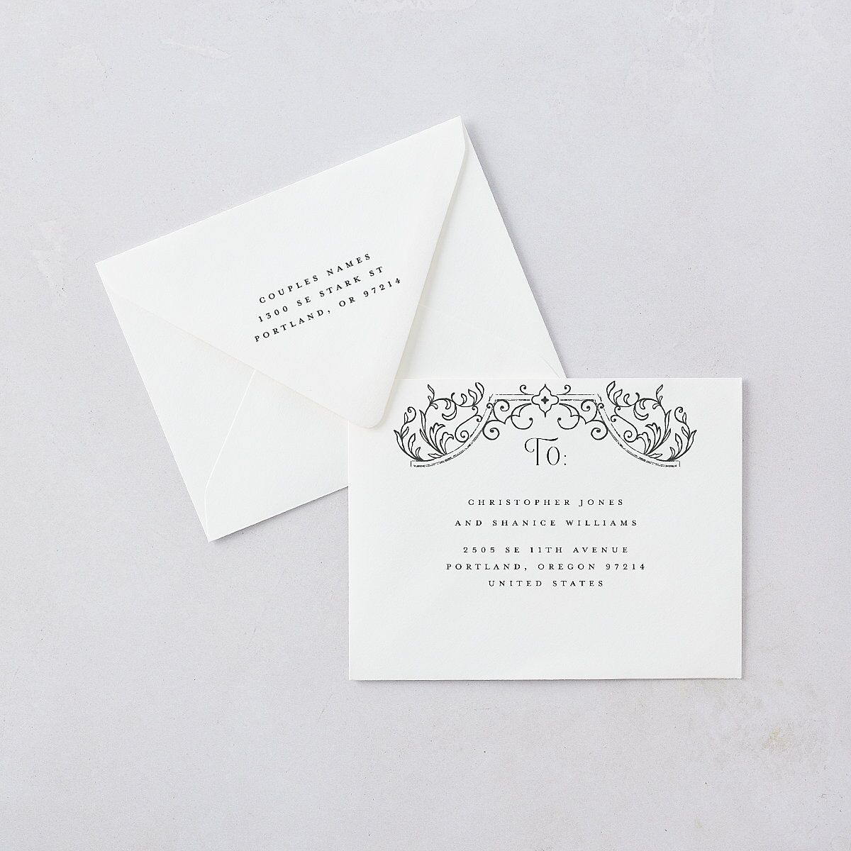 Gothic Gate Thank You Card Euro Envelopes White Luxe Licorice Both Recipient and Return Addresses