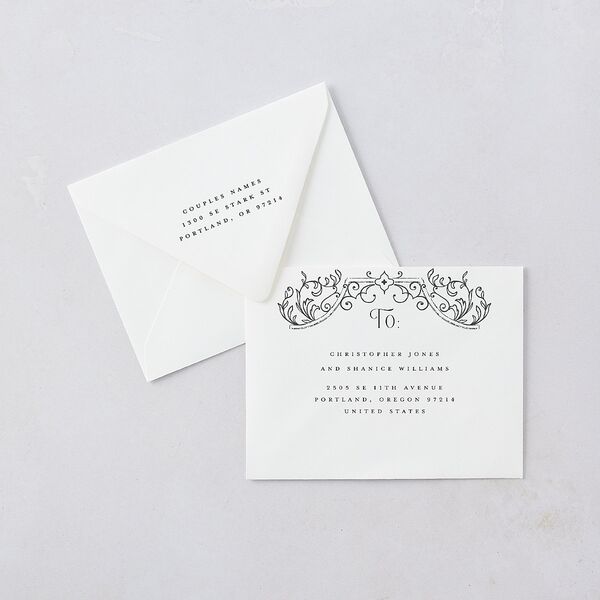 Gothic Gate Thank You Card Euro Envelopes White Luxe Licorice Both Recipient and Return Addresses