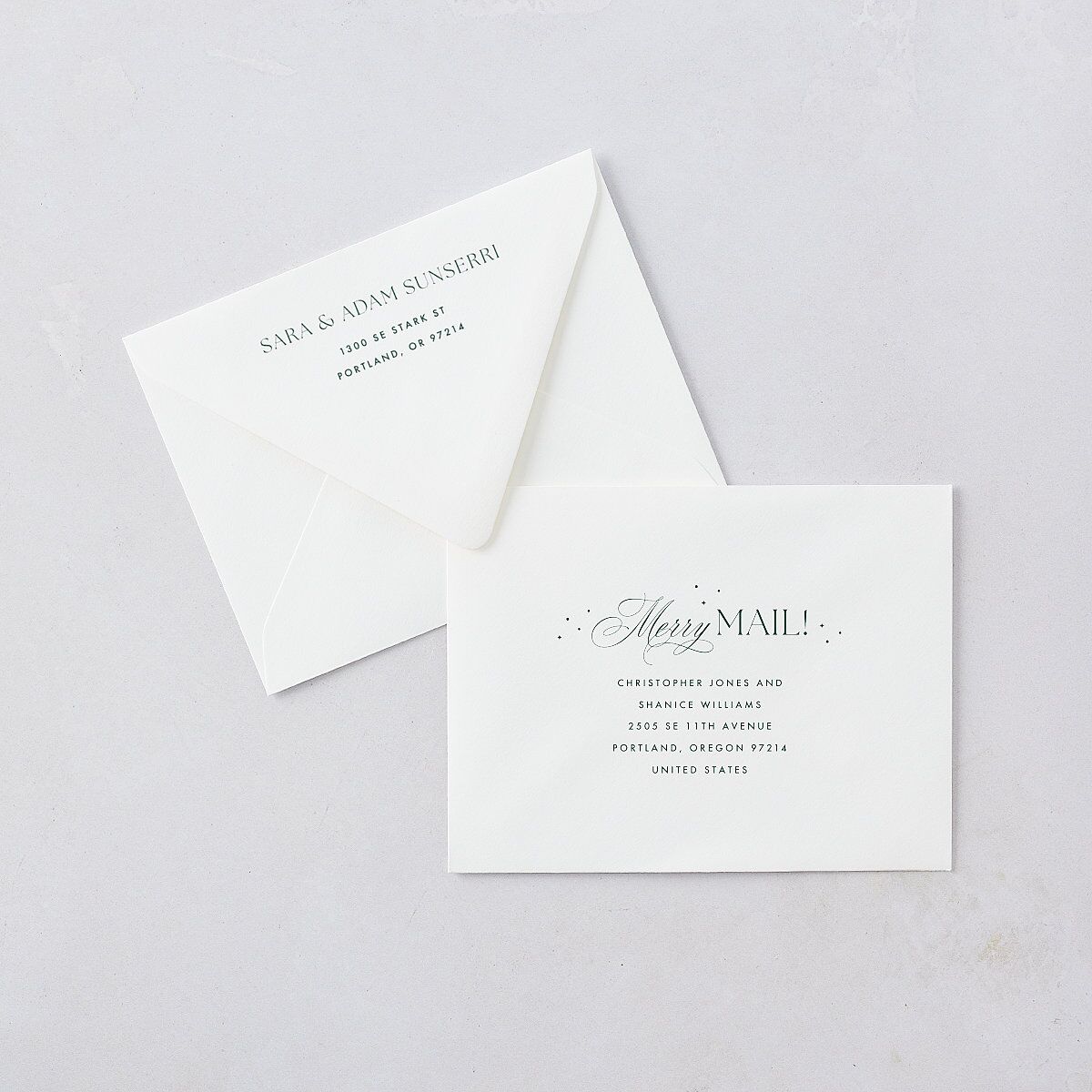 Married and Bright Wedding Gallery Thank You Card Euro Envelopes White Emerald Both Recipient and Return Addresses Luxe Signature