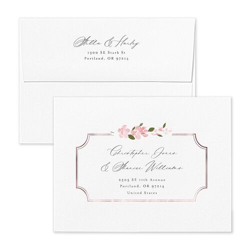 Delphinium Crest Thank You Card Envelopes White Shell Pink Both Recipient and Return Addresses Signature Standard