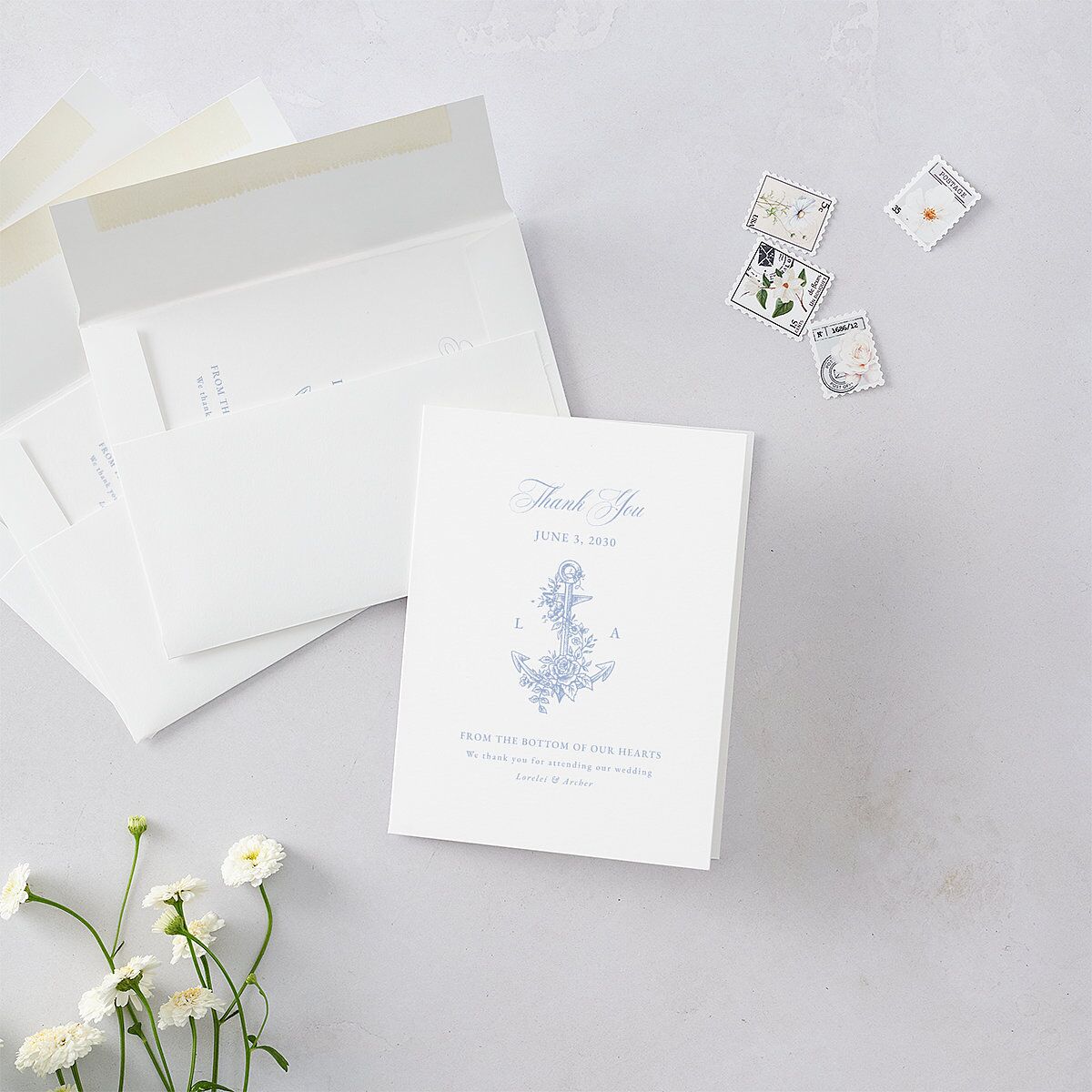 Coastal Oysters and Anchors Thank You Cards Sea Blue