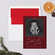 Our Greatest Gift Wavy Bow Frame Holiday Cards Jewel Red Signature Blank Standard Portrait