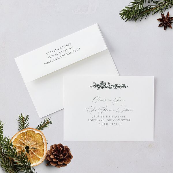 Pinecone Frame Holiday Cards Dark Green Signature Blank Standard Portrait