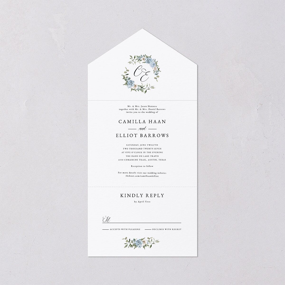 Floral Monogram All-in-One Wedding Invitations Dusty Blue Signature Light Both Recipient and Return Addresses No
