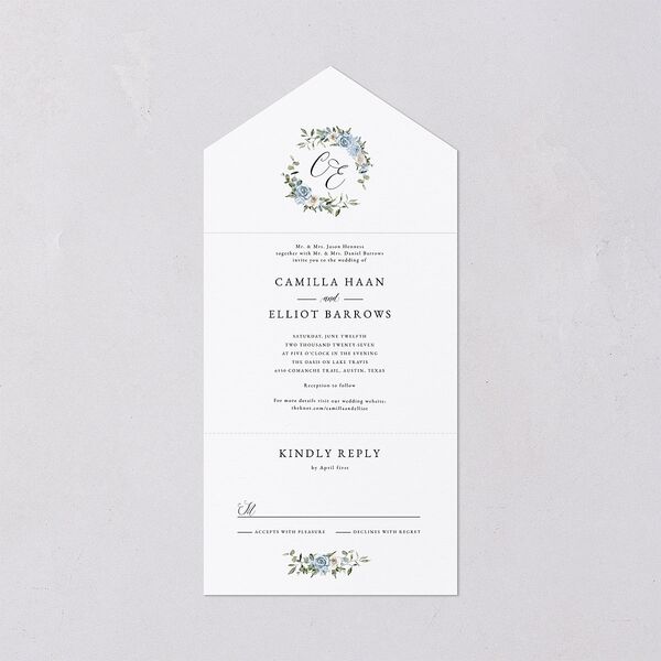 Floral Monogram All-in-One Wedding Invitations Dusty Blue Signature Light Both Recipient and Return Addresses No