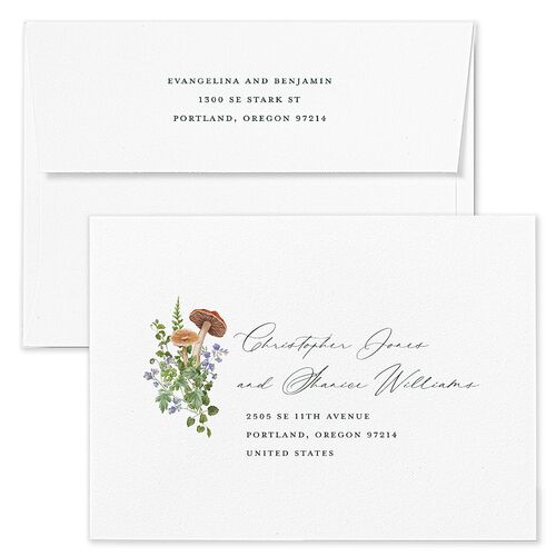 Mushroom Garden Fairytale Wedding Invitation Envelopes Dark Green Blue Return Address Standard Signature