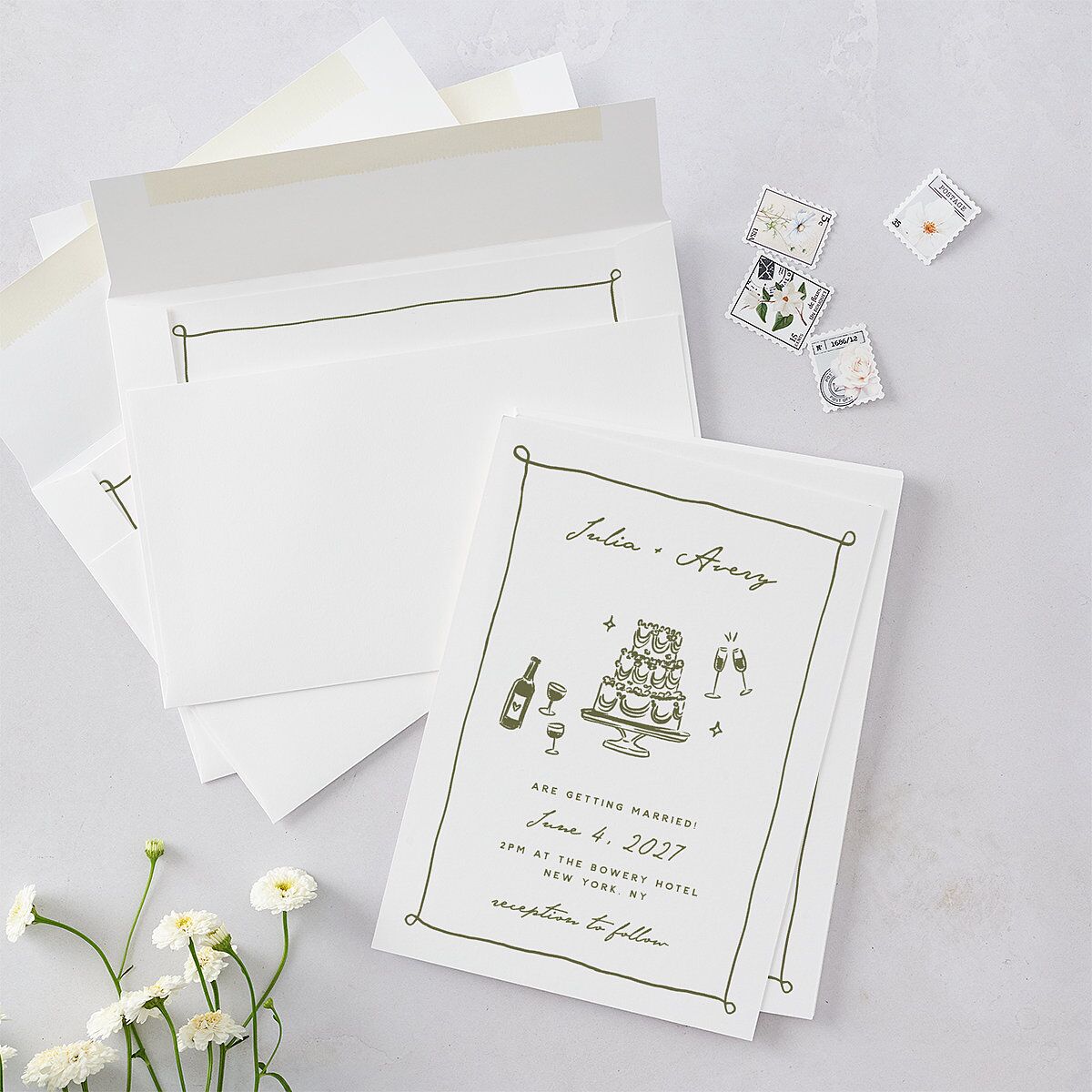 Hand Drawn Cake Wedding Invitations Dark Camo Signature Blank No Standard