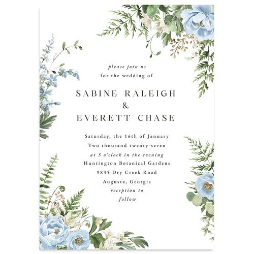 Floral Fern Frame Wedding Invitations Dusty Blue Signature Blank No Standard