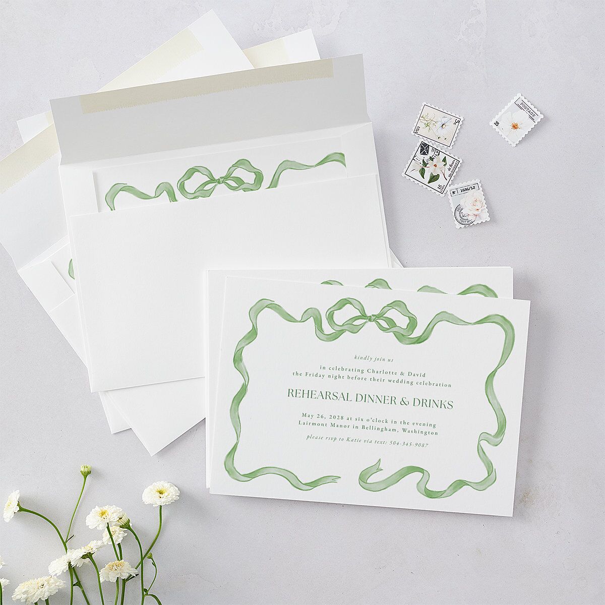 Vintage Bow Rehearsal Dinner Invitations Jewel Green Signature Blank Standard