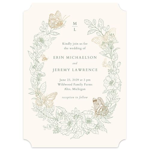 Butterfly Botanical Foil Wedding Invitations Gold Sage Signature Blank No Ticket