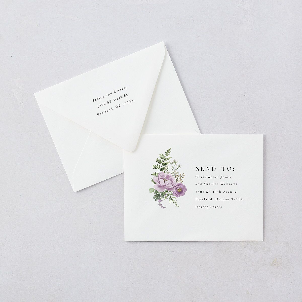 Floral Fern Frame Thank You Card Euro Envelopes White Purple Petal Both Recipient and Return Addresses Luxe Signature