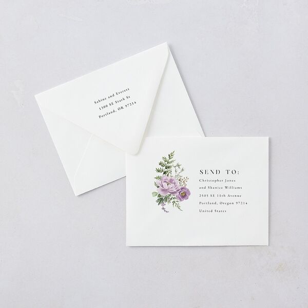 Floral Fern Frame Thank You Card Euro Envelopes White Purple Petal Both Recipient and Return Addresses Luxe Signature