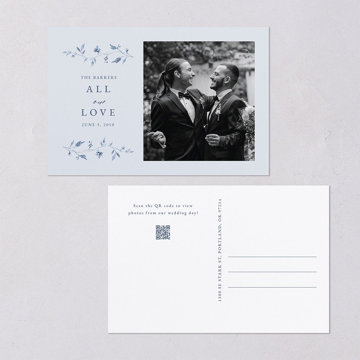Timeless Floral Photo Thank You Postcards Dusty Blue