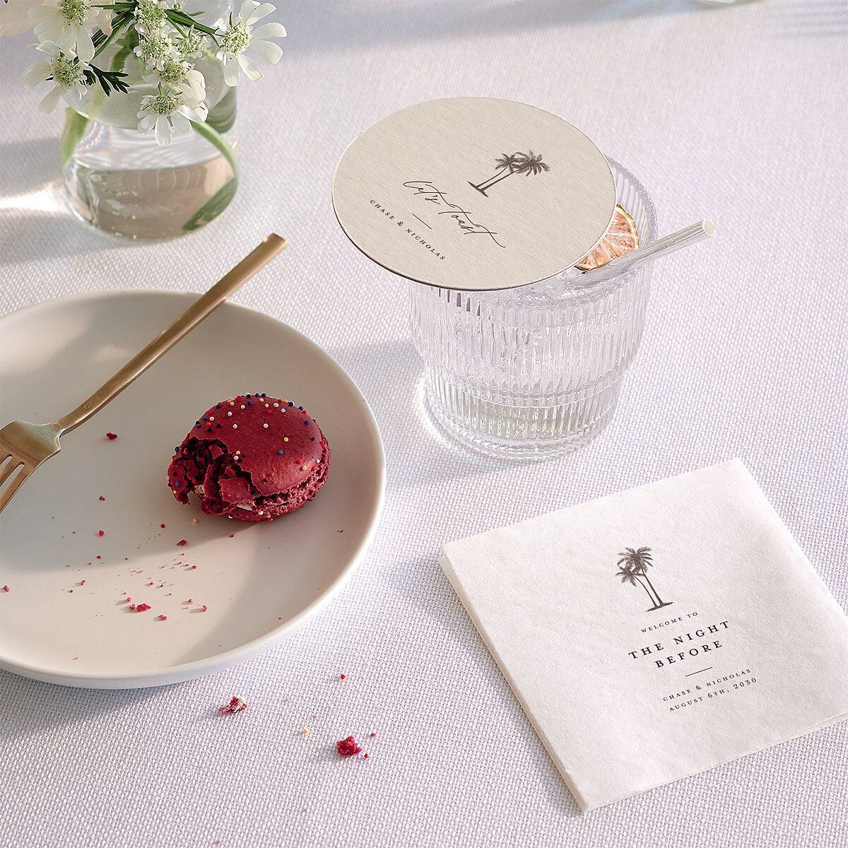 Palm Tree Icon Wedding Day Coasters Champagne Cardboard Circle