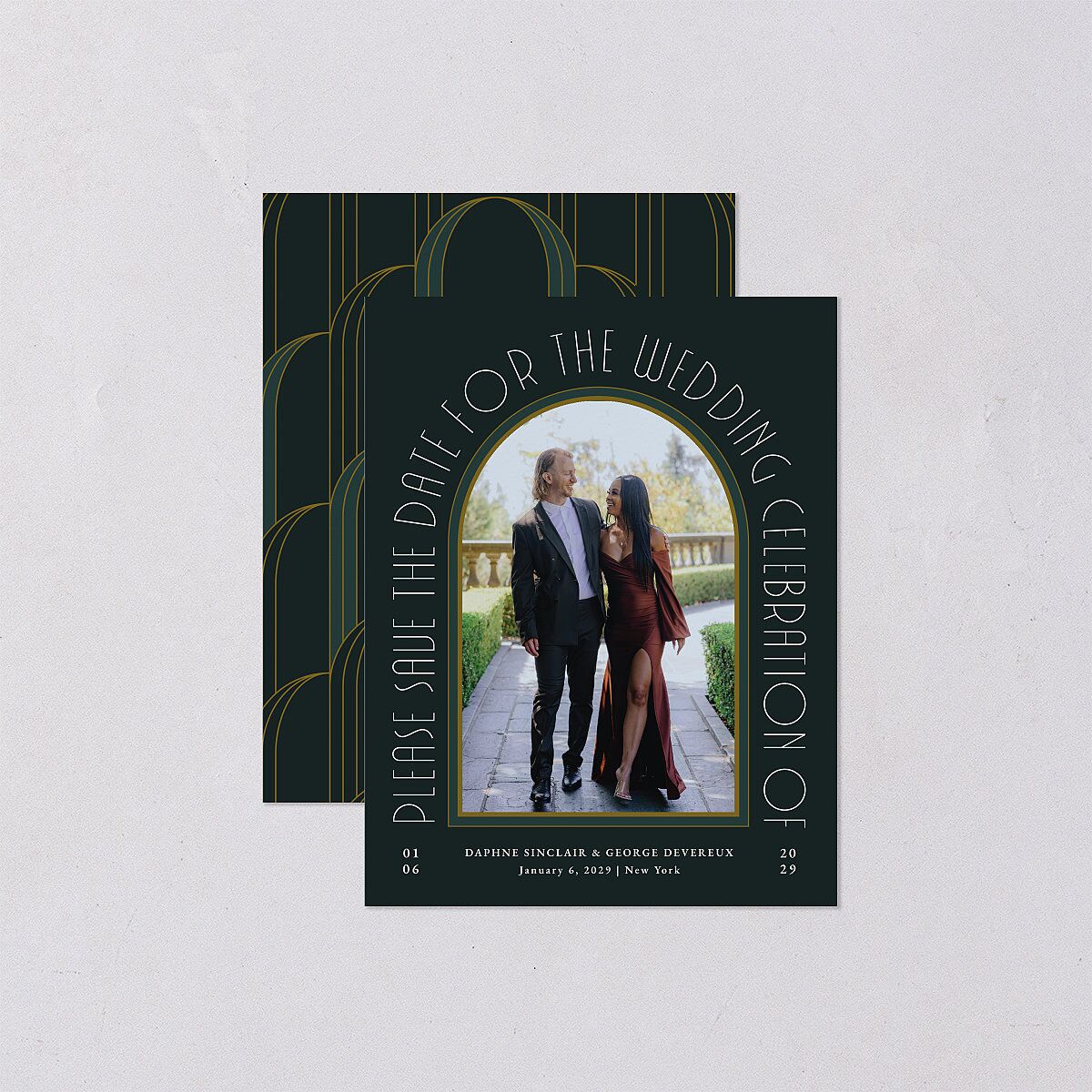 Gatsby Deco Arch Save the Date Petite Cards Dark Emerald Signature smooth Blank No Standard