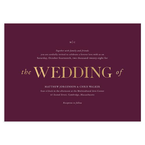 Classically Stated Wedding Invitations Bordeaux Gold No Signature Blank Standard
