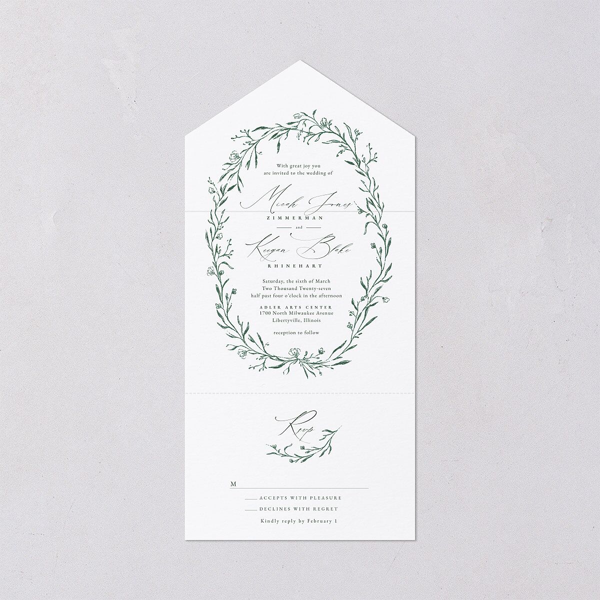 Illustrated Vines All-in-One Wedding Invitations Hunter Green Signature Light Both Recipient and Return Addresses No