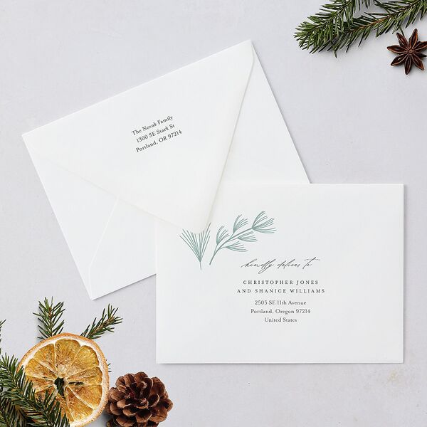 Our Merriest Year Baby Announcement Holiday Card Euro Envelopes White Hunter Green Both Recipient and Return Addresses Luxe Signature