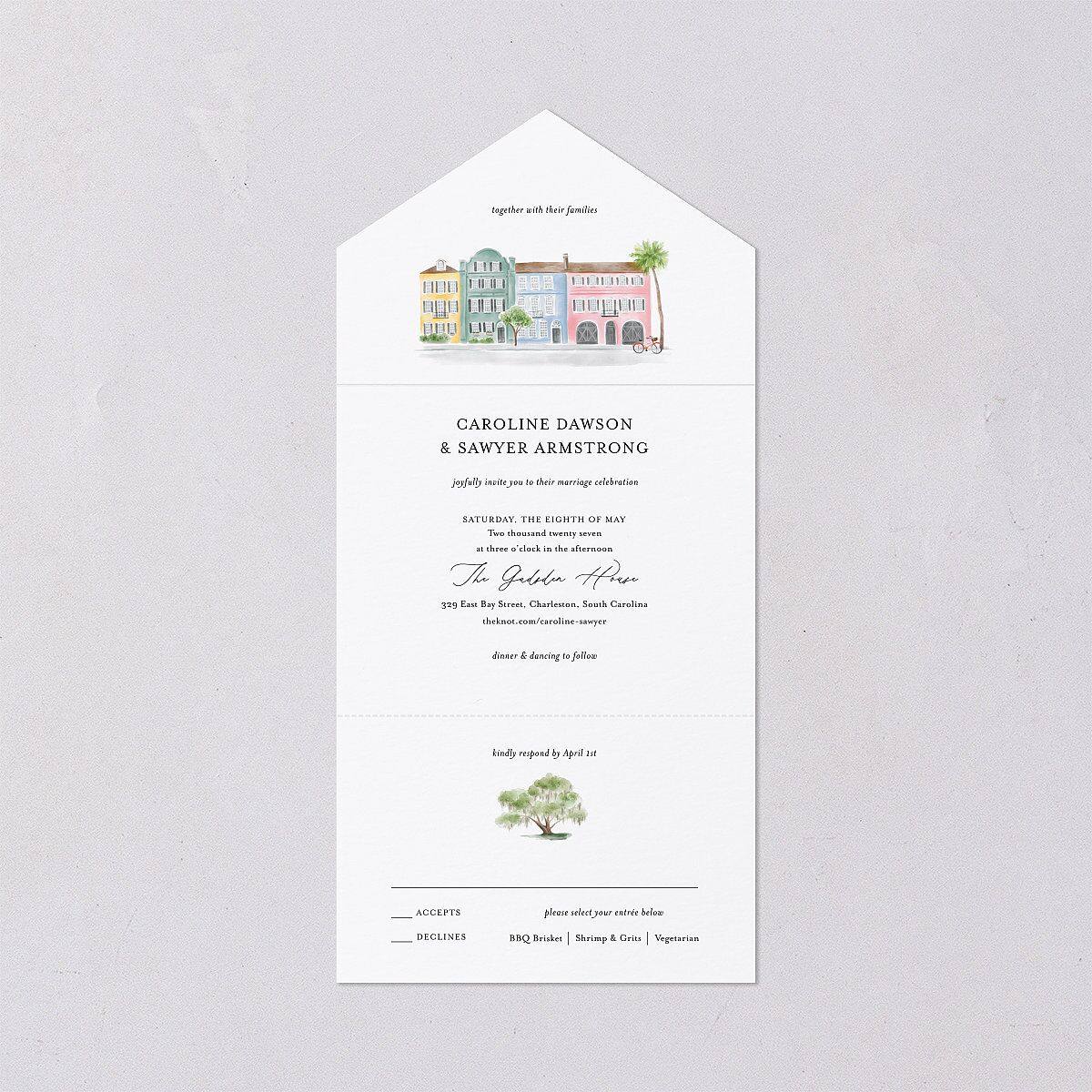 Charming Charleston All-in-One Wedding Invitations Pure White Signature Light Both Recipient and Return Addresses No
