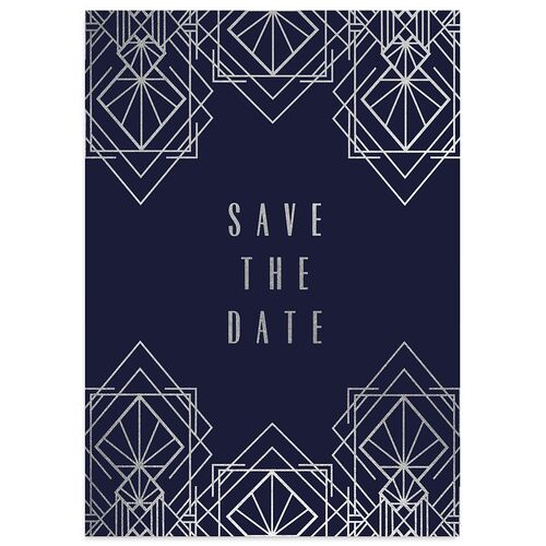 Diamond Deco Save The Date Cards Silver Navy Signature smooth Blank No Standard