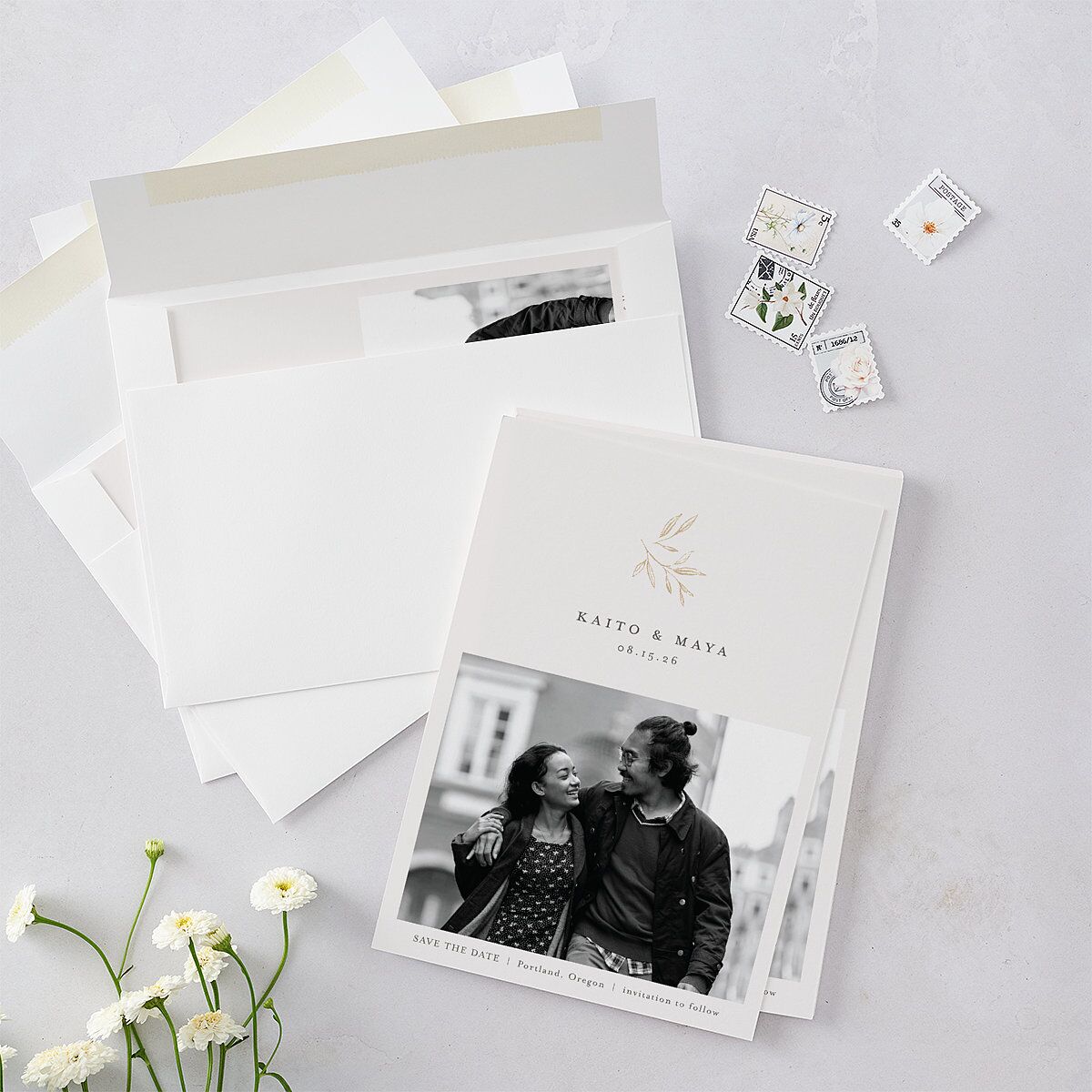 Shining Sprig Save The Date Cards Gold Mist Signature smooth Blank No