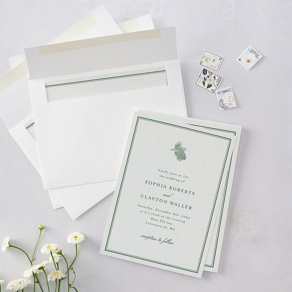 Elegant Winter Pine Cone Wedding Invitations Scottish Green Signature Blank No Standard