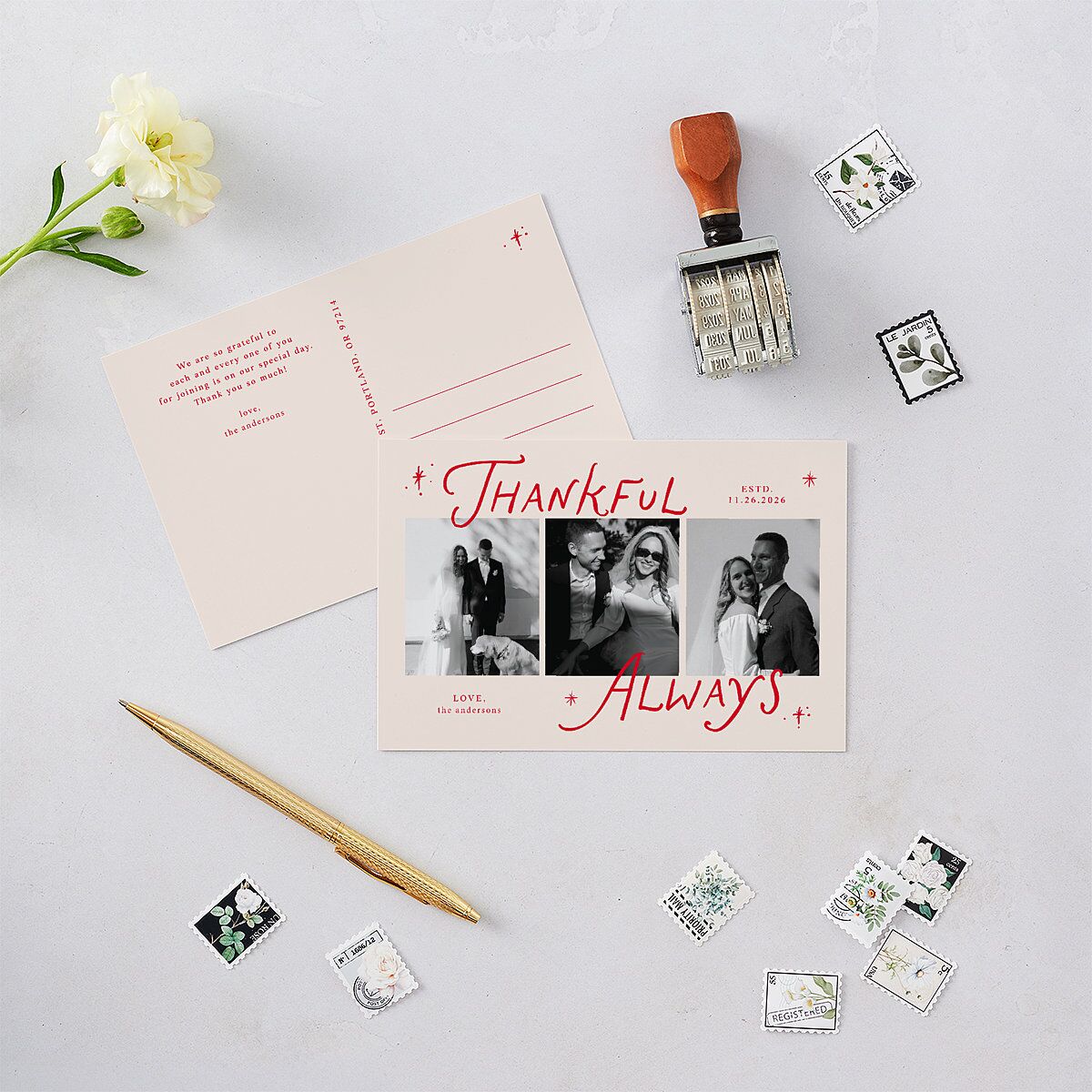 Whimsical Holiday Handwritten Thank You Postcards Ruby