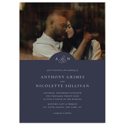 Elegant Photo Monogram Wedding Invitations Navy Signature Blank No Standard