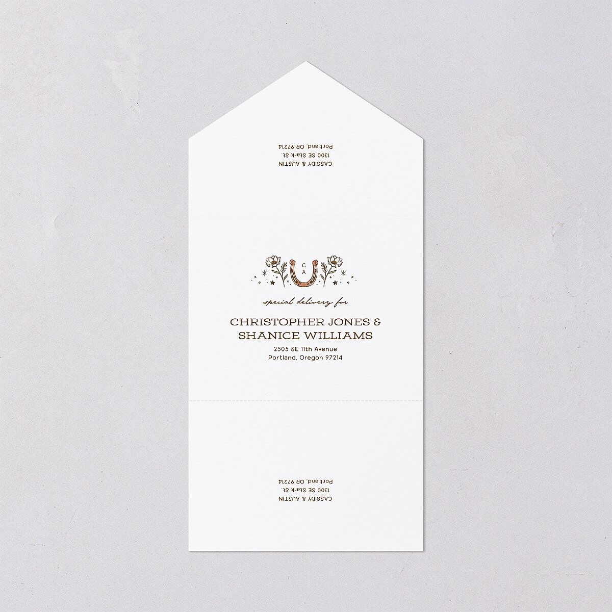 Southwestern Nouveau All-in-One Wedding Invitations Umber Signature Light Both Recipient and Return Addresses No