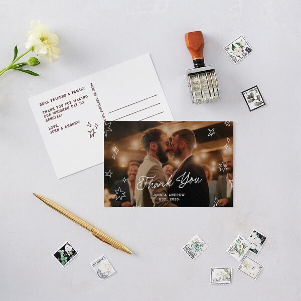 Hand Drawn Starry Christmas Photo Thank You Postcards Burgundy