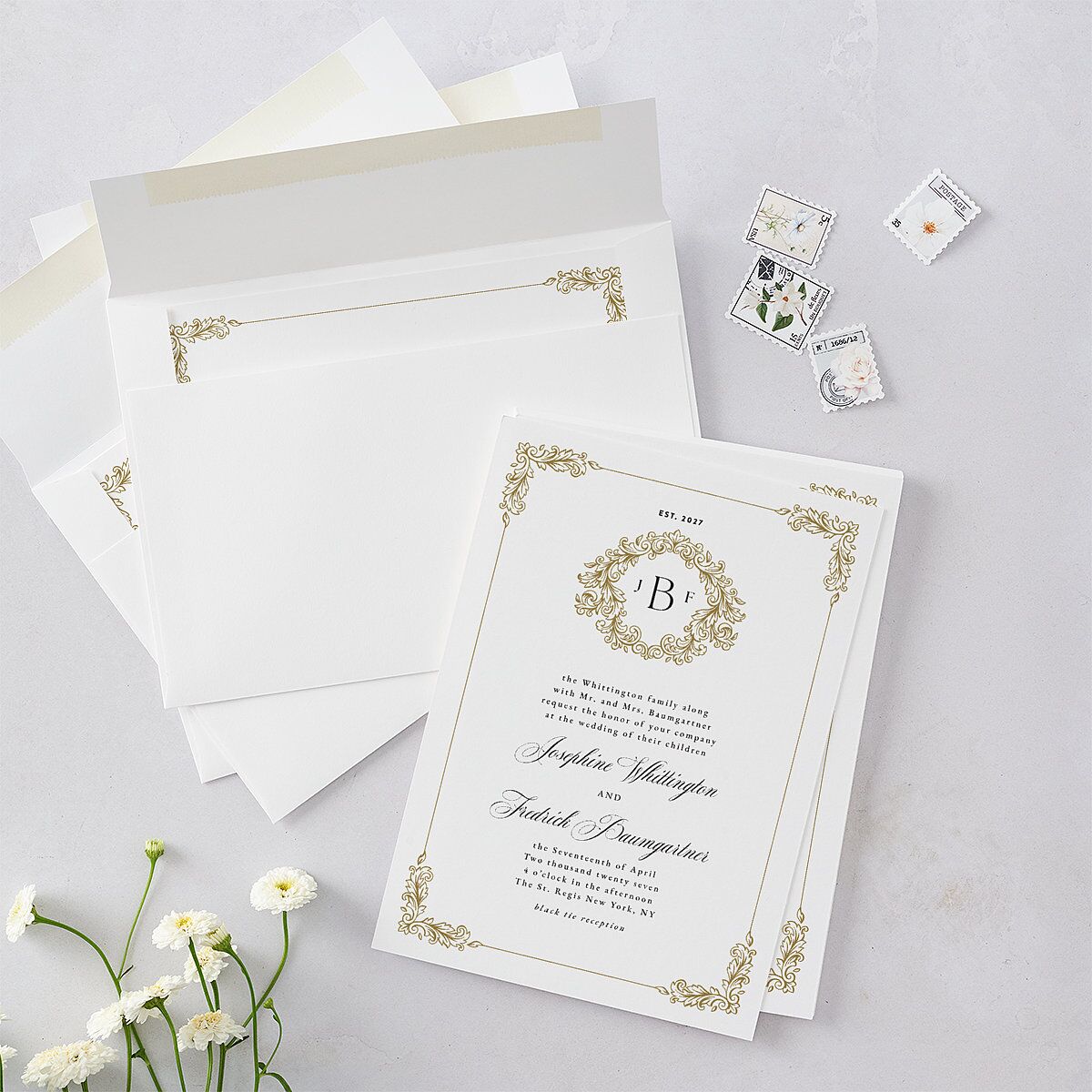 Black Tie Crest Wedding Invitations Pure White Signature Blank No Standard