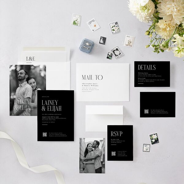 Editorial QR Wedding Invitations Midnight Signature Blank No Rounded