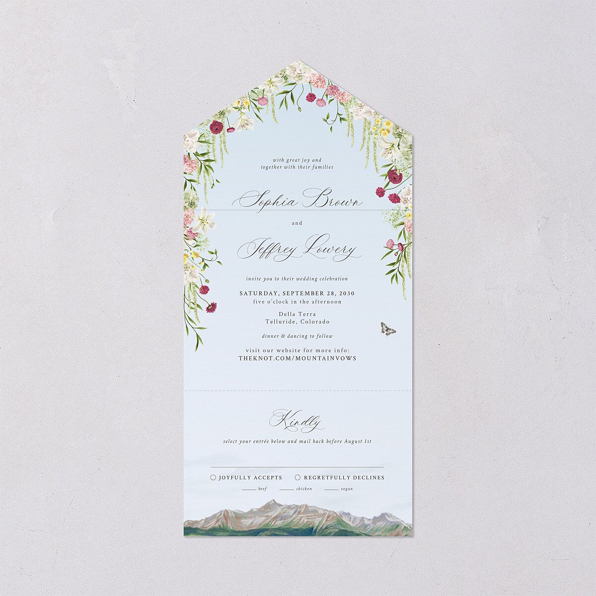 Romantic Floral Mountain All-in-One Wedding Invitations Meadow Signature Light Both Recipient and Return Addresses No