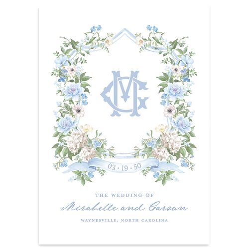 Maximalist Floral Crest Wedding Invitations Dusty Blue Signature Blank No Standard