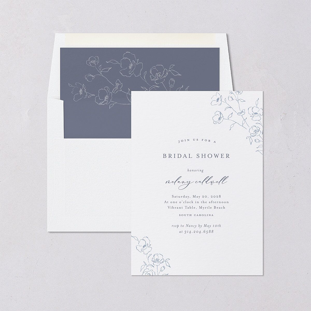 Floral Adornment Bridal Shower Invitations Dusty Blue Signature Blank Standard