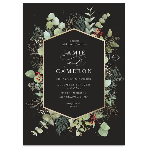 Elegant Eucalyptus Christmas Foil Wedding Invitations Gold Licorice Signature Blank No Standard