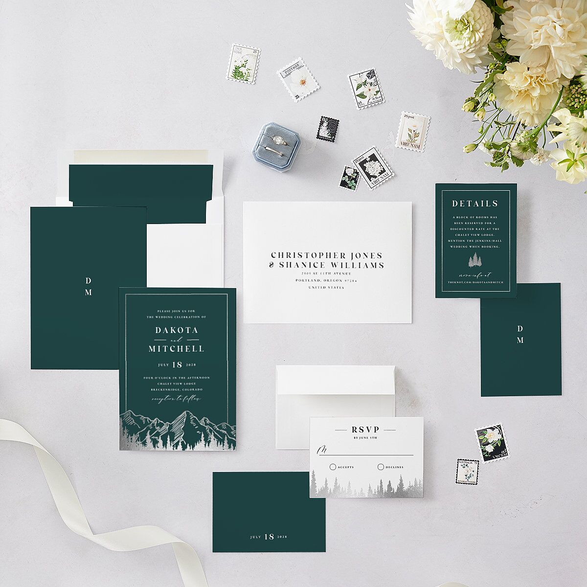 Mountain Escape Foil Wedding Invitations Silver Dark Emerald Signature Blank No