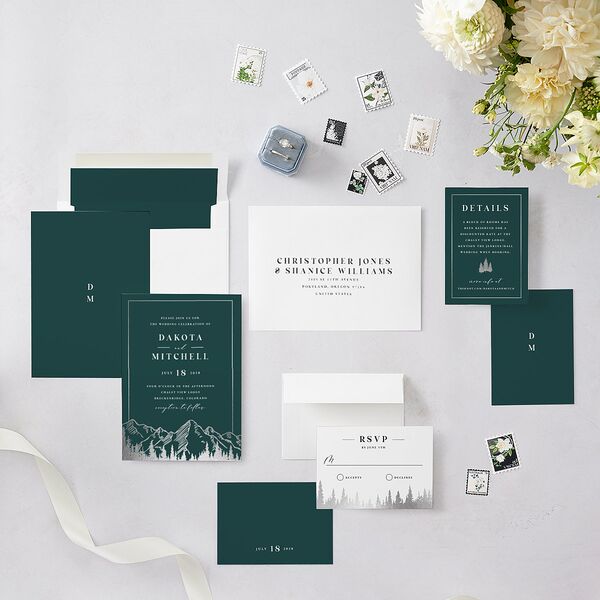 Mountain Escape Foil Wedding Invitations Silver Dark Emerald Signature Blank No
