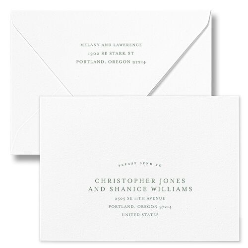 Floral Adornment Wedding Invitation Euro Envelopes White Eucalyptus Both Recipient and Return Addresses Luxe Signature