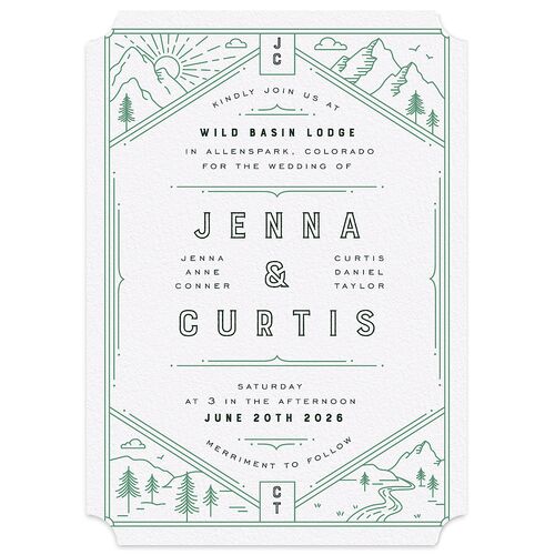 Iconic Mountain Wedding Invitations Dark Green Signature Blank No Ticket