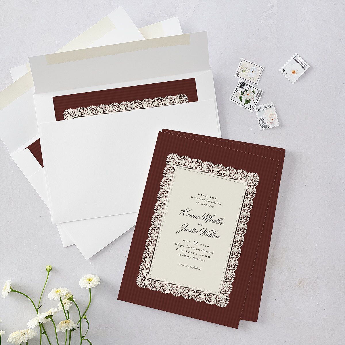 Vintage Lace Wedding Invitations Burgundy Signature Blank No Standard