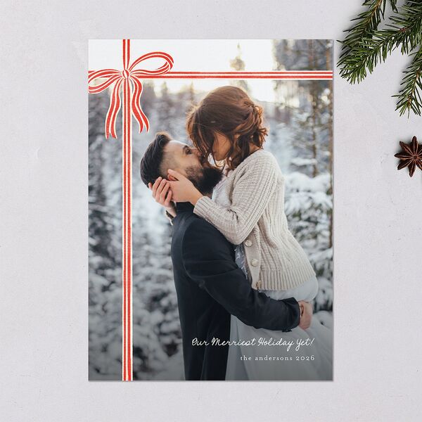 Striped Bow Photo Holiday Cards Ruby Signature Blank Standard Portrait